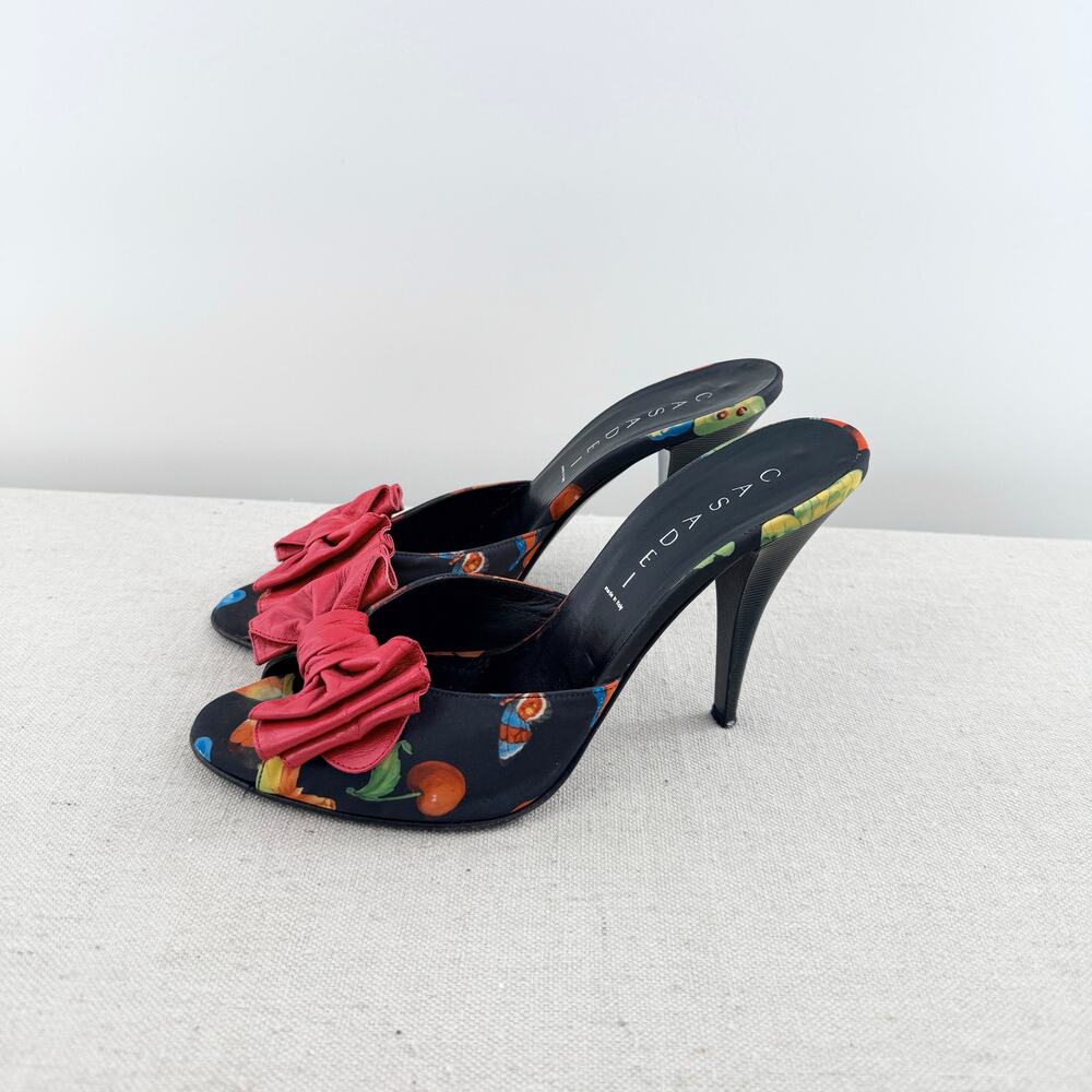 Casadei Satin Fruit Peep Toe Cone Heel Mule with Red Leather Bow Black US 8